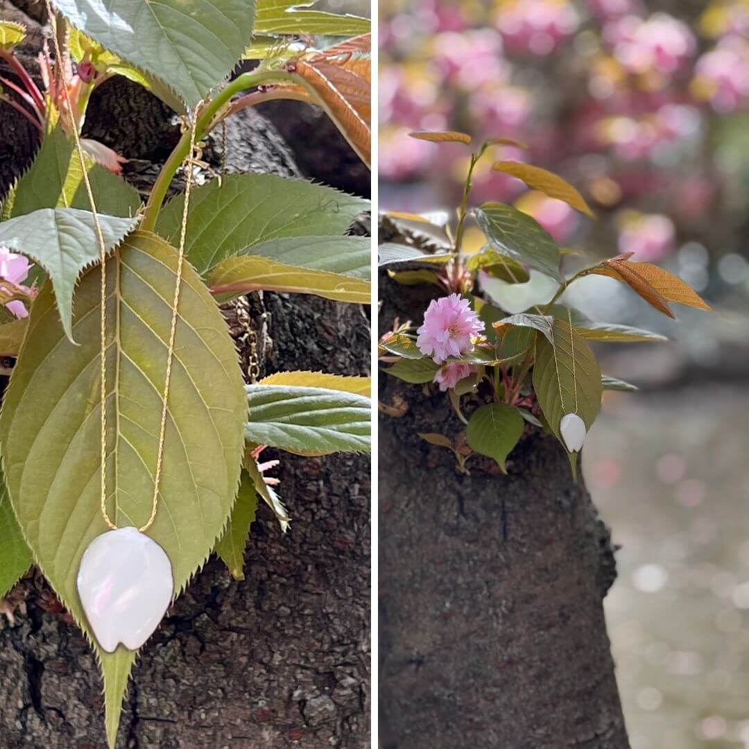 Anhänger aus Sakura-Blütenblatt auf einem blühenden Kirschblatt. Naturschmuck elegant