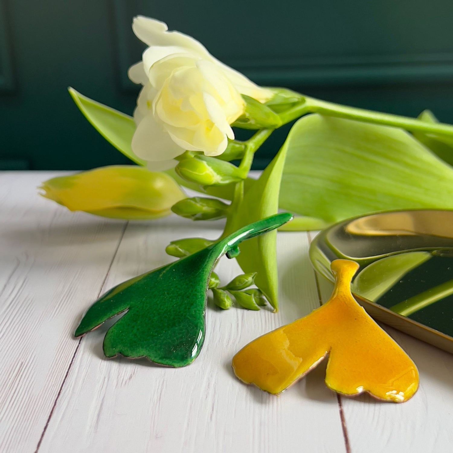 Naturschmuck aus Emaille, zwei Ginkgo-Blätter 